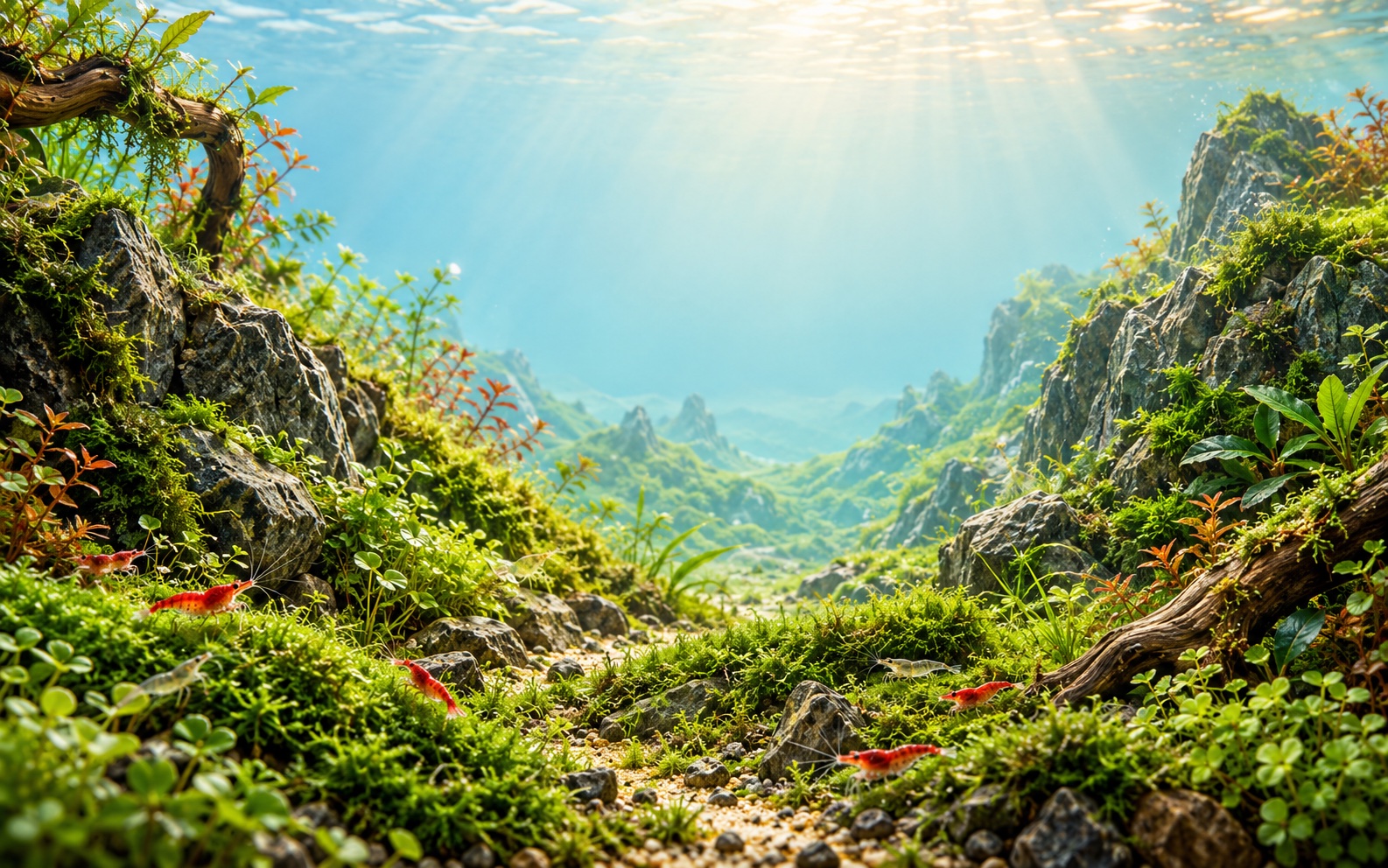 Bepflanzte Unterwasserlandschaft mit roten Zwerggarnelen